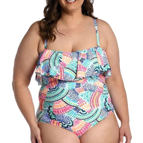 La Blanca Waves Of Color Ruffled Bandeau One Piece - - Picture 3 of 4